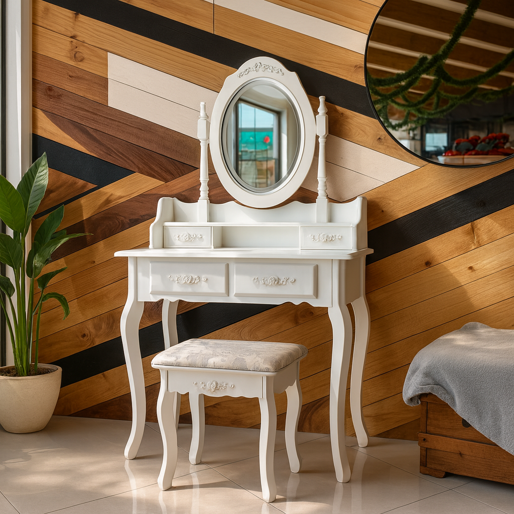 Tocador de Madera con Espejo Luminoso + Banqueta de Regalo