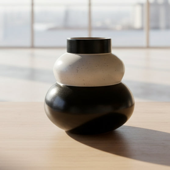 Florero Diseño Redondo Blanco con Negro — 17 cm