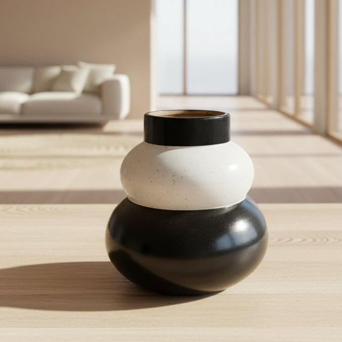 Florero Diseño Redondo Blanco con Negro — 17 cm