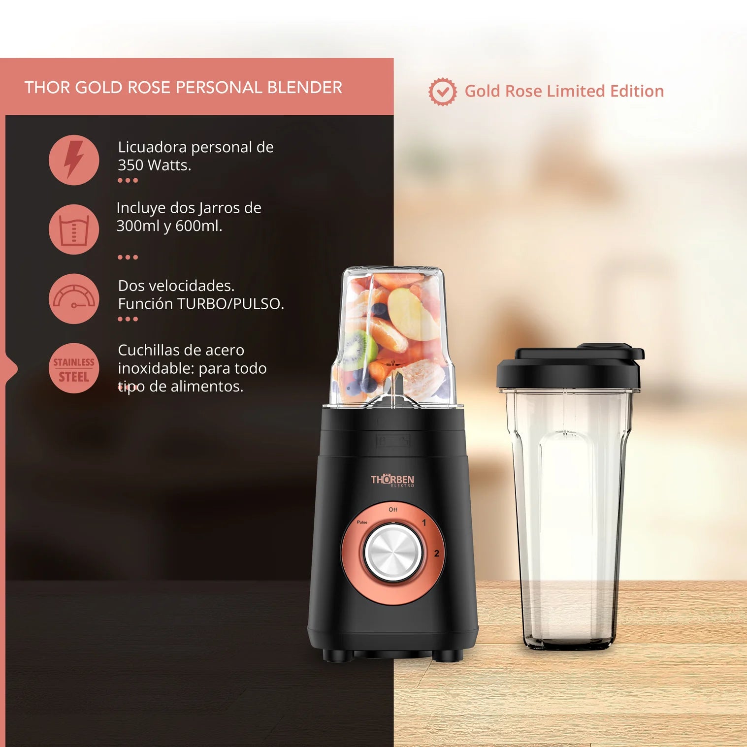 Licuadora Personal 2 jarros 350 watts Thor Gold Rose Personal Blender